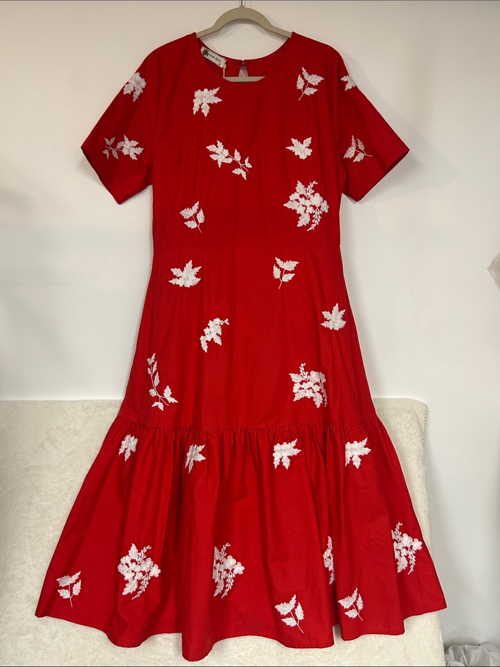Fanm Mon Nursel Embroidered Crew Neck Short Sleeve A-Line Midi Dress NWT - Picture 2 of 9